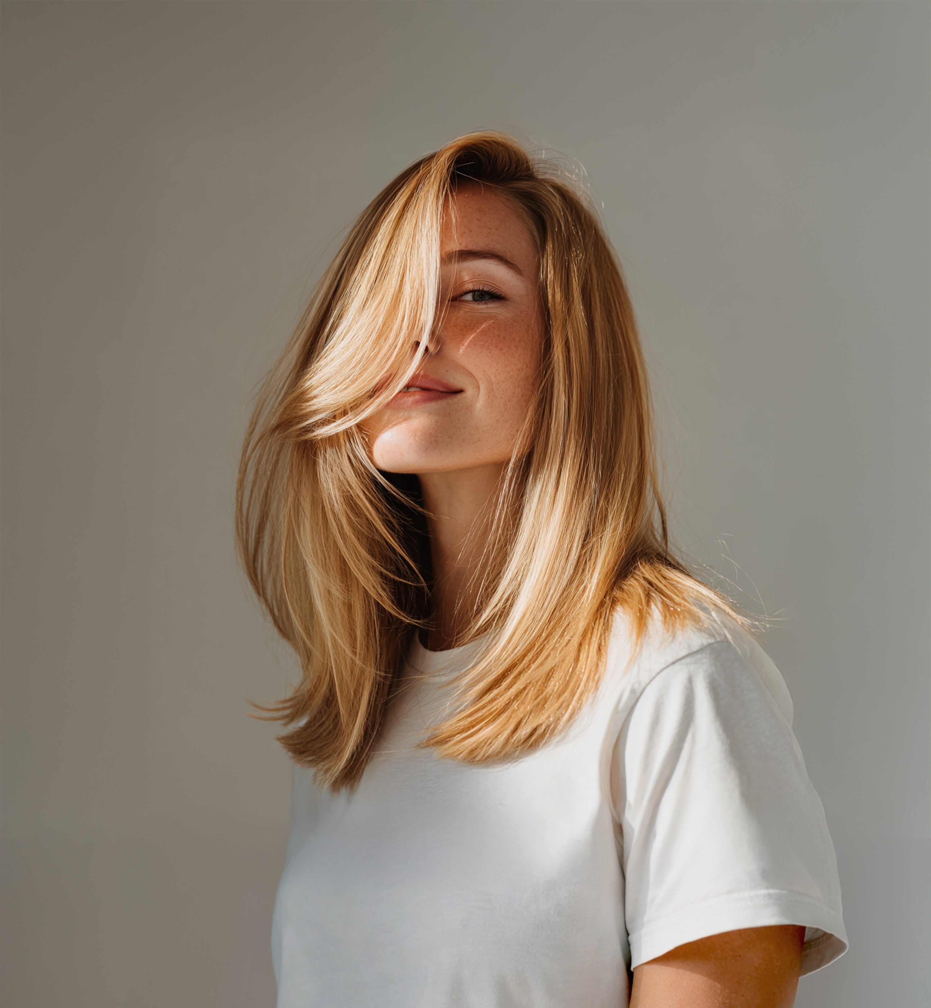 Junge Frau mit blonden, vollen Haaren