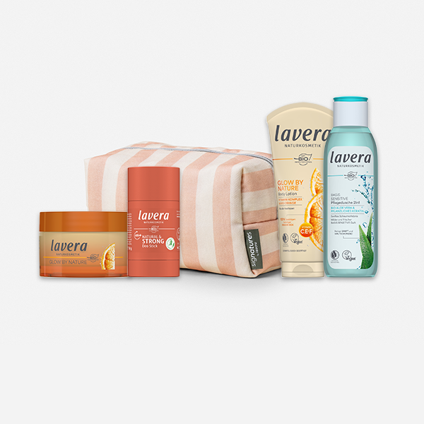 Kosmetiktasche – Sunset Stripes mit folgenden lavera Produkten: Glow by Nature Vitamin C 3in1 Creme, Deo Stick Natural & Strong, Glow by Nature Body Lotion und Pflegedusche basis sensitive 2in1