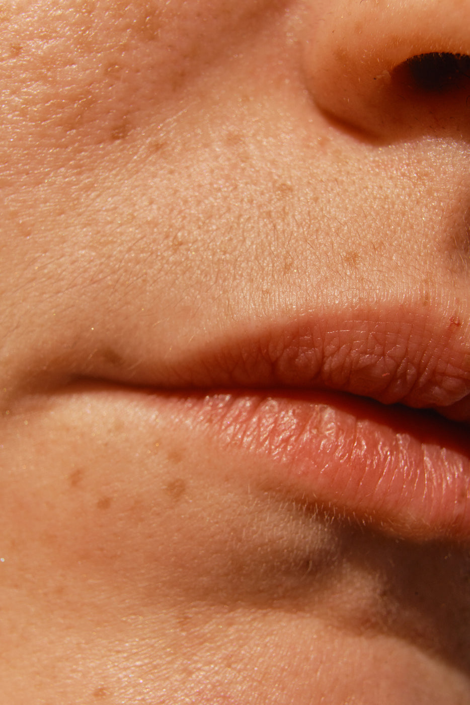 Nahaufnahme natürlicher Lippen und Haut mit sichtbaren Poren