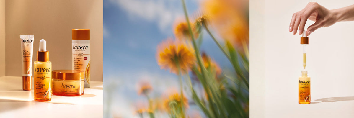 Banner: lavera Glow by Nature Produkte, orange Blüten und Serum-Pipette