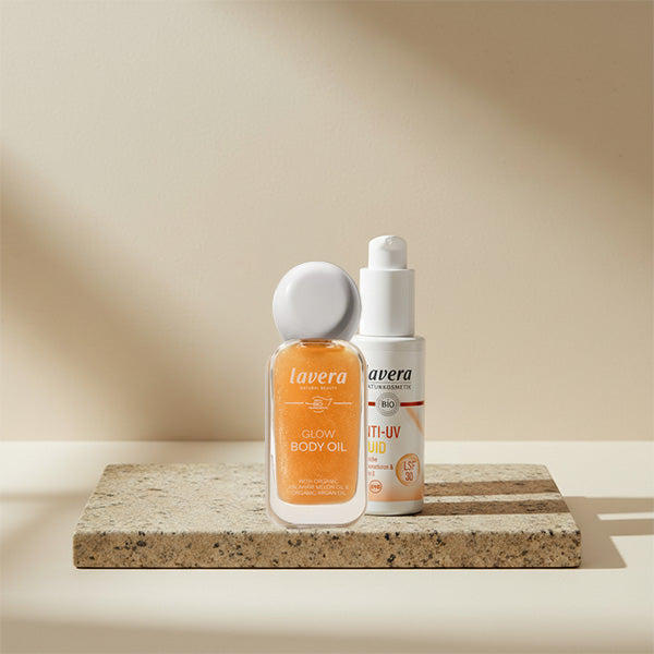 Glow Body Oil -Honey Glow- und Anti UV Fluid LSF 30 (AI-generated image)