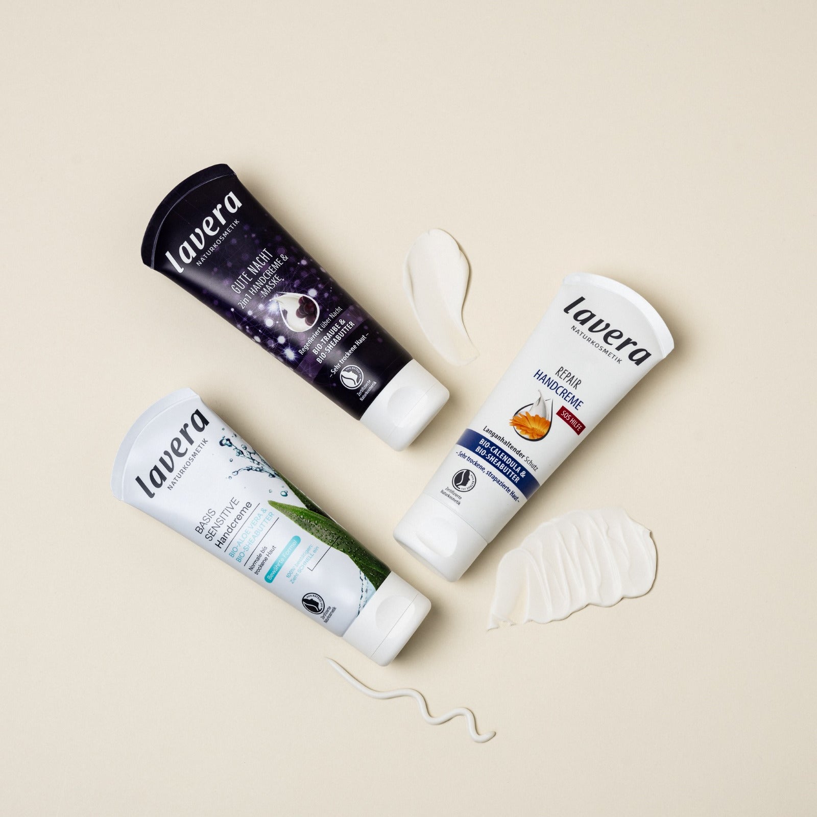 lavera Handcreme Range: Basis sensitive Handcreme, Repair Handcreme, Gute Nacht 2in1 Handcreme & Handmaske