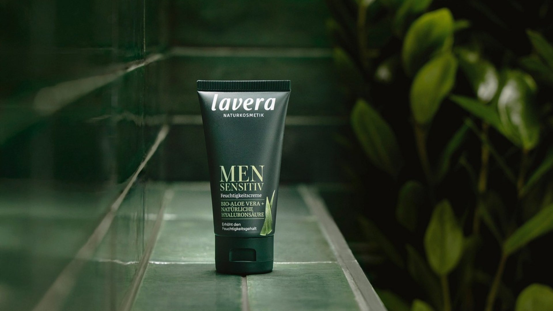 Eine Tube lavera MEN SENSITIVE Feuchtigkeitscreme steht auf einer dunkelgrünen Fliesenfläche neben einer unscharfen Zimmerpflanze.