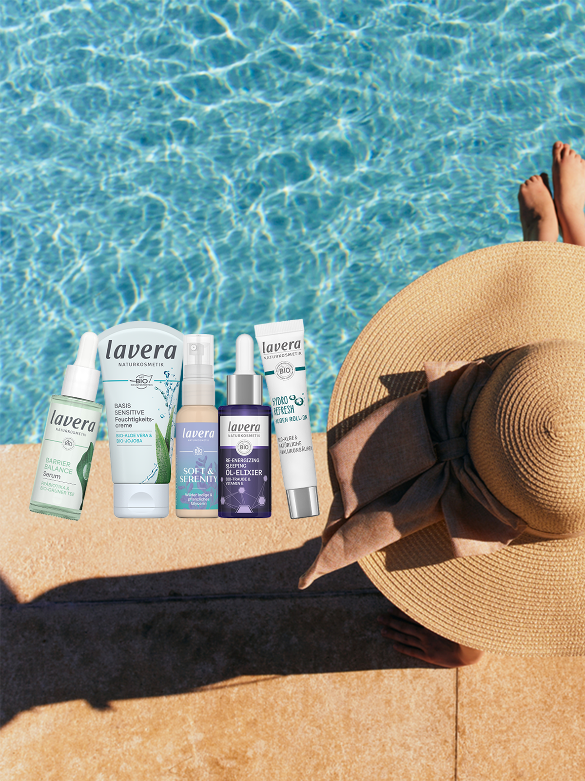 Frau mit Sonnenhut am Pool, mit Produkten im Bild