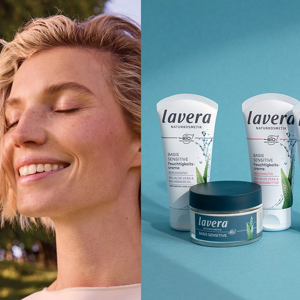 Vergleich lavera Basis Sensitive Produkte neben Model
