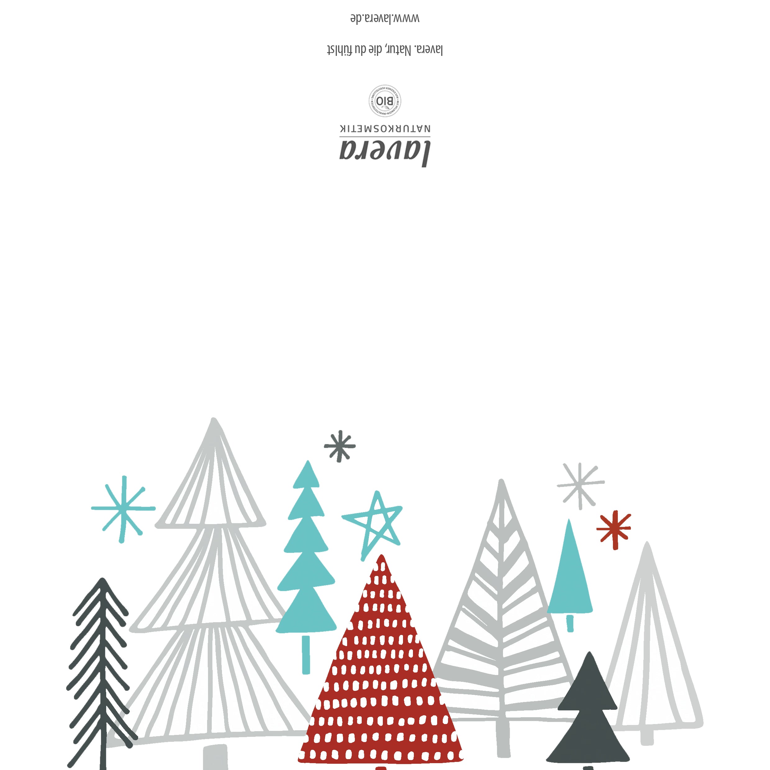 Weihnachtskarte mit stilisierten Tannen und „Fröhliche Weihnachten“